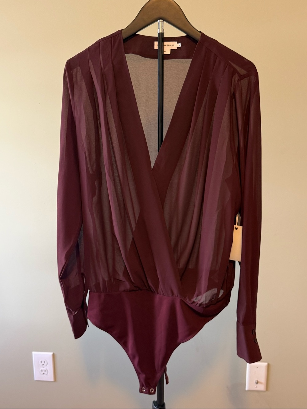 NWT Good American Deep Burgundy Semi Sheer Wrap Bodysuit Blouse SZ XL (23" P2P)